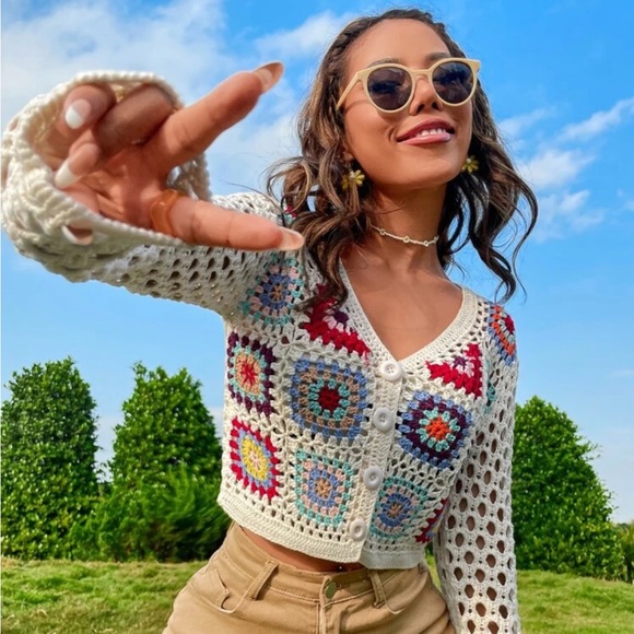 SHEIN Floral Crochet Openwork Cardigan in size large - Picture 2 of 10